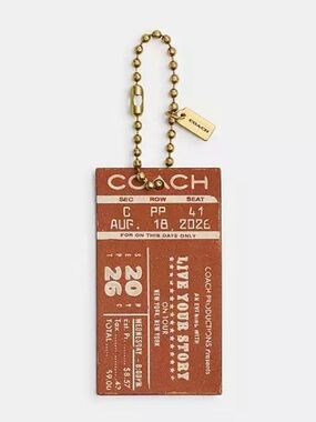 Coach Tan/Brown Ticket Tag Keychain with Gold Chain